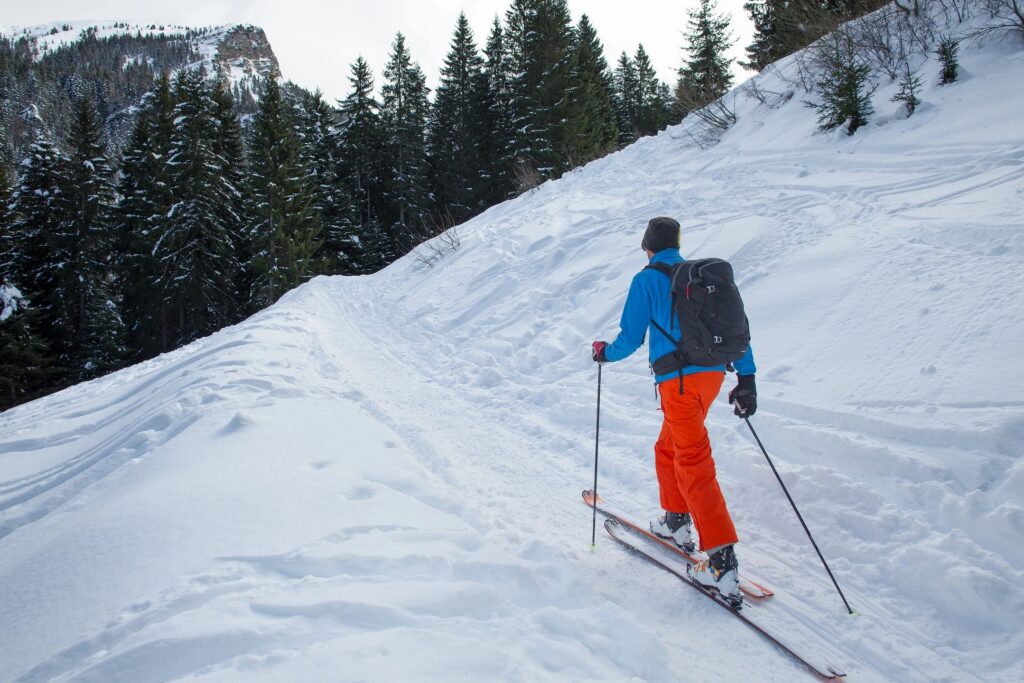 A skier descending a fresh powder run at Sunshine Village, with snow-laden pines and mountains behind
