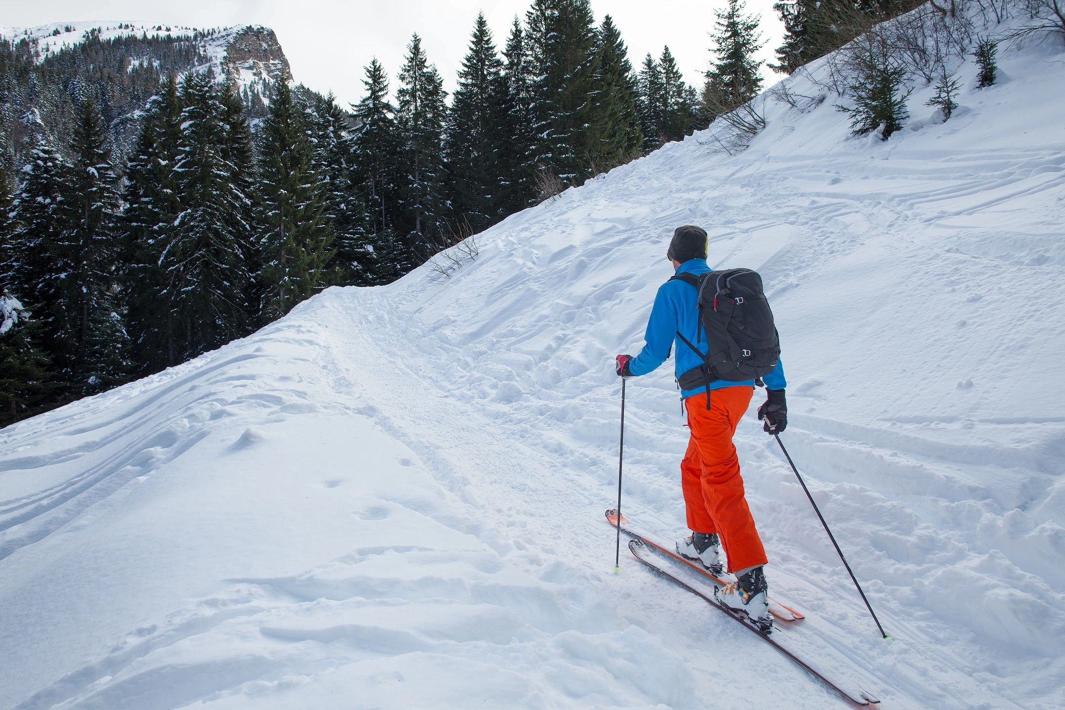 A skier descending a fresh powder run at Sunshine Village, with snow-laden pines and mountains behind