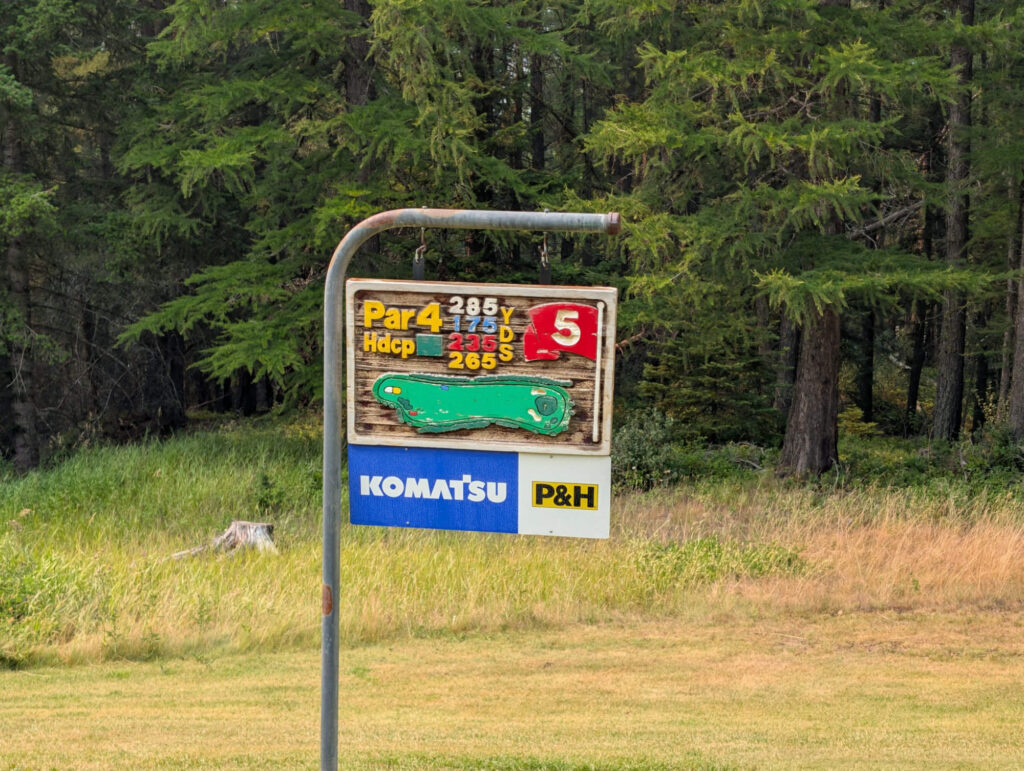 The hole 5 marker at Sparwood Golf Club, a 285-yard par 4